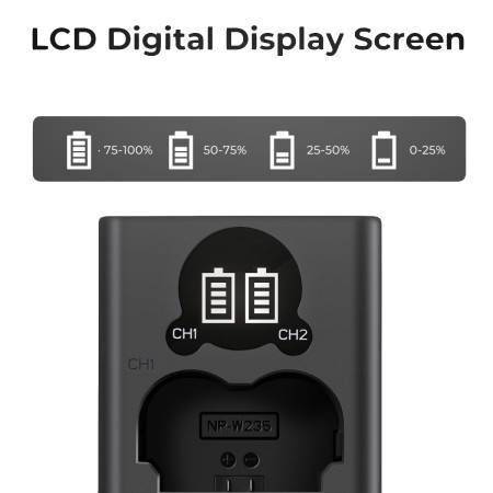 K&F Concept KF42.0012 - zestaw, 2x zamiennik akumulatora NP-W235, ładowarka dwukanałowa z USB-C_Informacje na ekranie_2